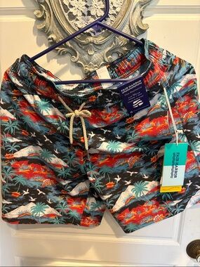 Fair Harbor Women's Tropical Swim Shorts in Teal, Red, Orange, Black